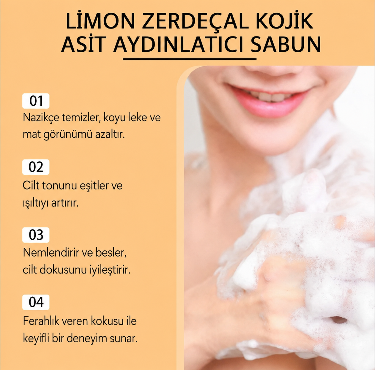 Limon, zerdeçal ve kojik asit içeren aydınlatıcı sabun