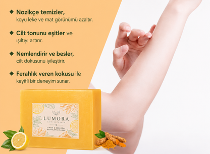Limon, zerdeçal ve kojik asit içeren aydınlatıcı sabun